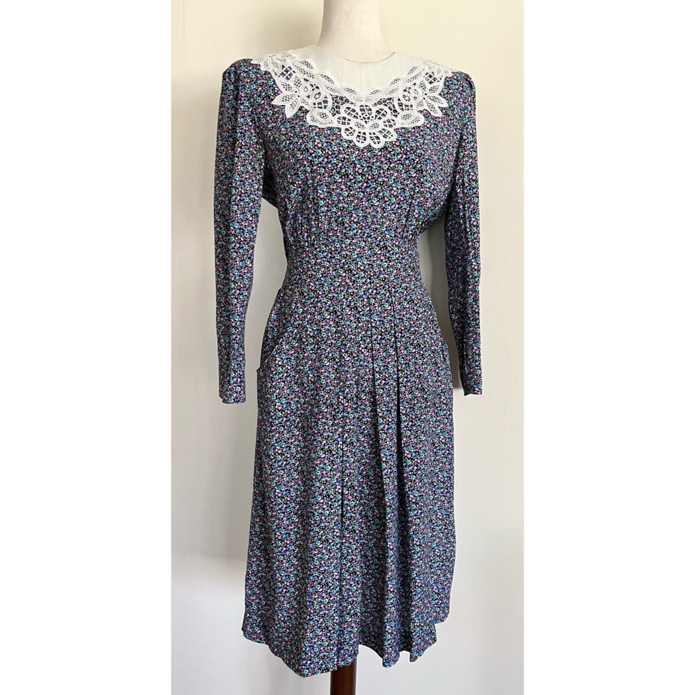 Vintage 80s 90s Karin Stevens Ditsy Floral Cottage Prairie Dress Lace Collar Sm